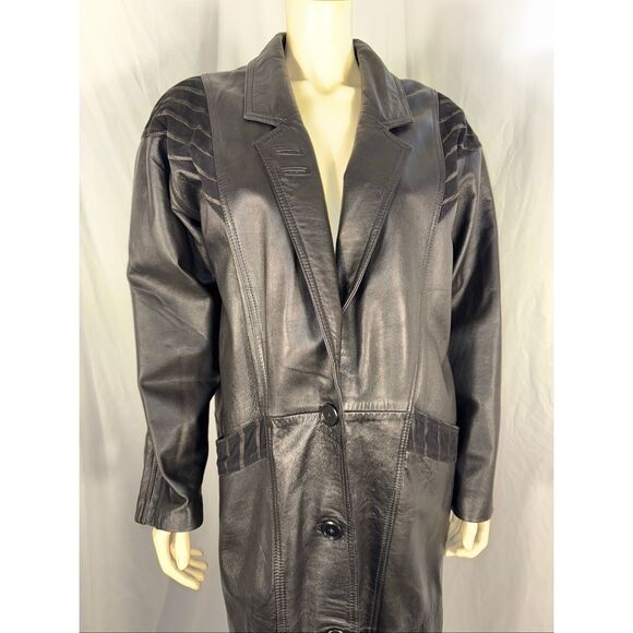 Vintage 1980s–1990s Excelled Genuine Leather Long Trench Coat – Black – Size S - Picture 2 of 16
